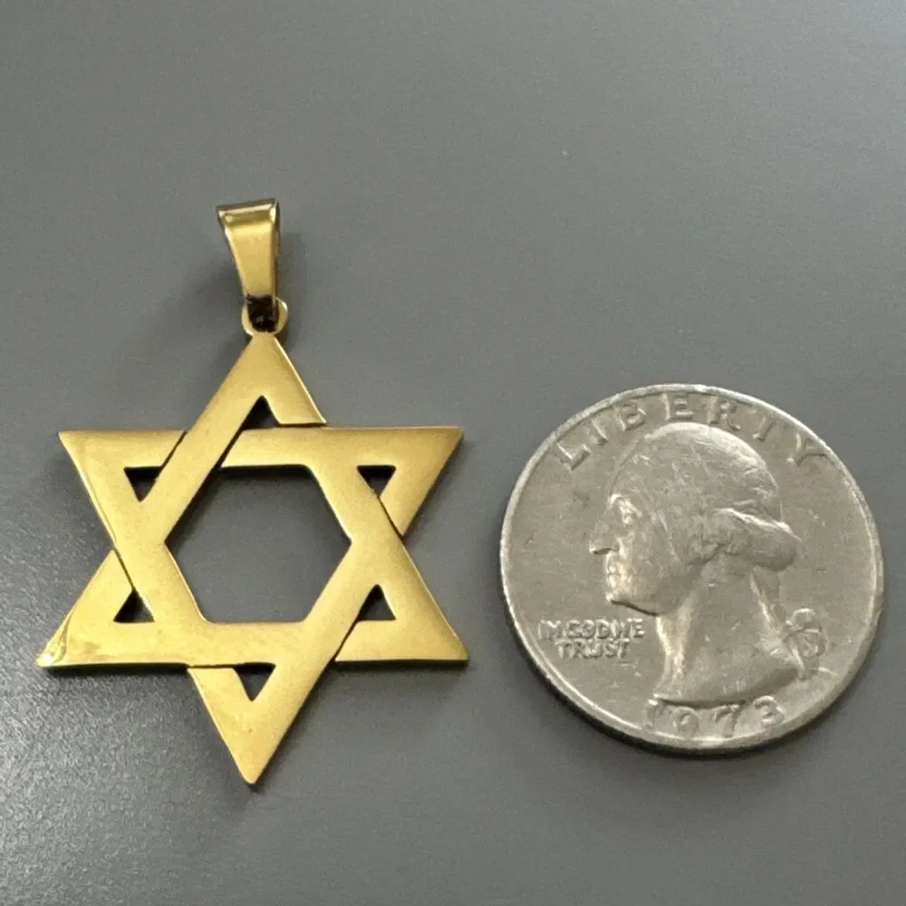 Stainless Steel Hebrew Jewish Israel Star of David Pendant 24” Chain Gold Unisex